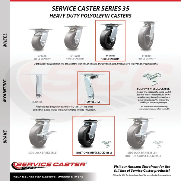 6 Inch Heavy Duty Polyolefin Caster with Roller Bearing and Swivel Lock SCC